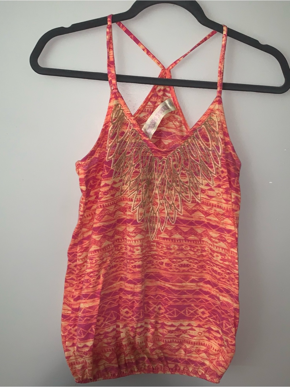Women's Pink and Orange Patterned Strappy Camisole with Embellished Neckline